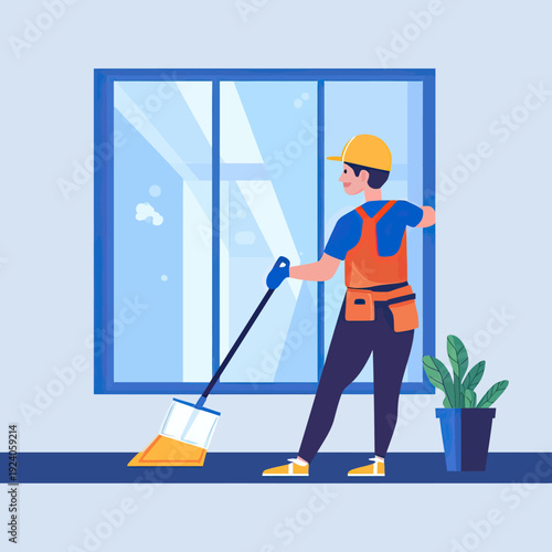 Male window cleaner in uniform using squeegee tool to clean large glass window inside modern building with indoor plant flat vector illustration