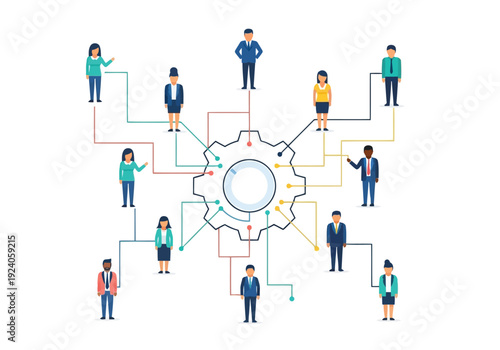 Colorful infographic illustrating teamwork Diverse business people are connected to a central gear representing an interconnected organizational network.