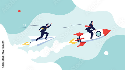 Two competitive businessmen race through the sky using a paper airplane and a fast rocket to symbolize innovation.