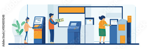Bank customers withdrawing and depositing cash at ATM and teller windows in modern bank interior flat illustration with money transactions and digital banking kiosks