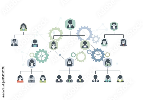 Colorful infographic illustrating teamwork A comprehensive hierarchical organizational chart illustrating the intricate reporting structure and team connections within a company.