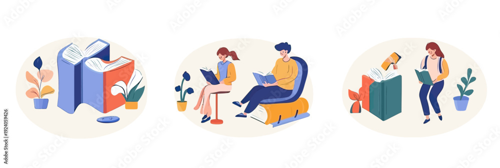 Fototapeta premium Books and reading concept with large open books, diverse students studying seated and standing, education and learning vector illustration set in flat minimalist style