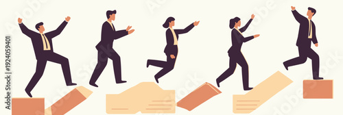 Business people climbing and jumping upward on floating abstract steps representing career growth success and achievement of goals in flat vector illustration