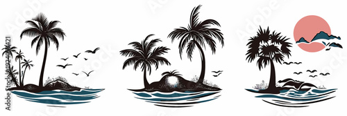 Minimalist tropical island silhouettes with palm trees flying birds ocean waves and sunset in flat black and blue vector design set for summer vacation background decor