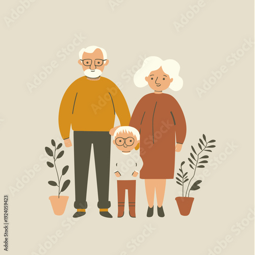 Elderly grandparents with grandchild standing together surrounded by potted plants flat vector illustration minimalist family concept