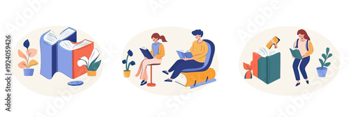 Books and reading concept with large open books, diverse students studying seated and standing, education and learning vector illustration set in flat minimalist style