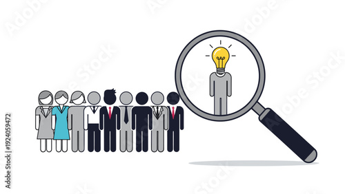 Magnifying glass zooms in on a creative professional with a lightbulb head standing among a row of diverse employees.