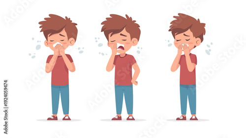 Boy sneezing coughing and wiping nose with tissue demonstrating proper hygiene and sickness symptoms in flat vector style illustration