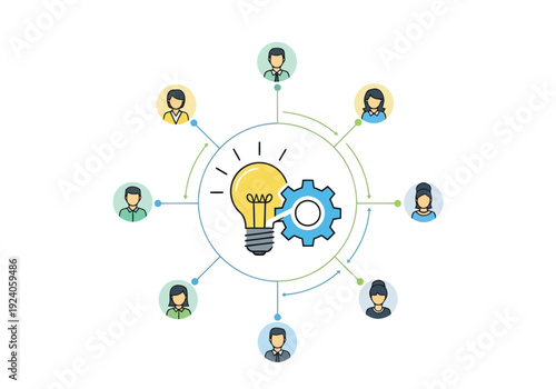 Colorful infographic illustrating teamwork A bright yellow lightbulb and blue gear surrounded by diverse individuals in a network, symbolizing collective innovation and idea sharing.