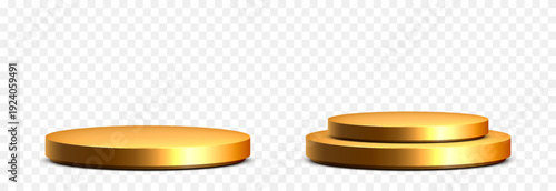 Set of golden round podiums PNG. Golden podium or pedestal for product or goods advertising.