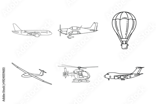Collection of Various Aircraft and Aviation Icons Including Airplane Helicopter Hot Air Balloon and Glider Line Art Illustration