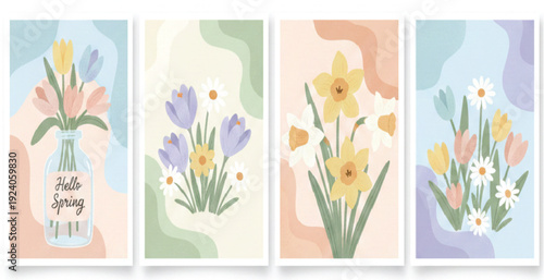Spring set of the cutest cards, posters for the spring holiday with wildflowers, Narcissus flower, tulips, daisies. Hand drawn Floral art templates for Women Day, birthday, Mothers Day, Easter decor
