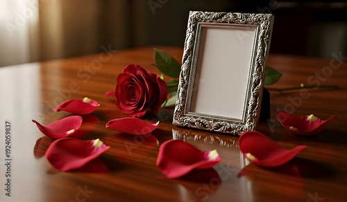 Still life image of an empty decorative photo frame surrounded by red rose petals on a wooden table. Symbol of love, memory, romance, loss, and emotional reflection in a warm, elegant atmosphere.