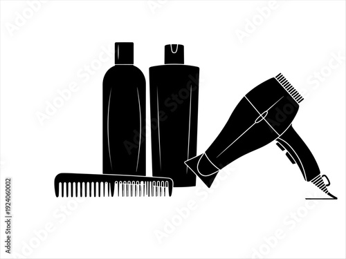 Hair care silhouettes of bottles, comb, and hairdryer, minimal bold personal grooming design.