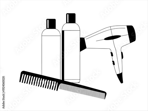 Hair care silhouettes of bottles, combs, and hairdryer, bold minimal styling tools design.