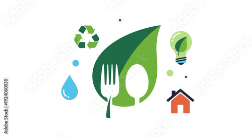 Sustainable Living Concept: Green Food, Water, Energy, Recycling, and Eco-Home Icons