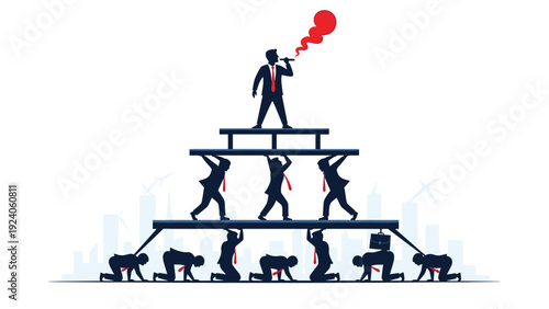 Business professionals working in a tiered hierarchy structure to support their top executive smoking a cigar.