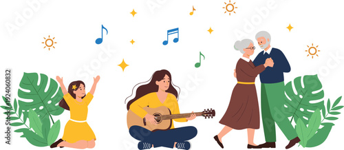 Set of cartoon vector illustrations featuring happy children flying colorful kites jumping in rain puddles sharing toys and multi generational family playing music together