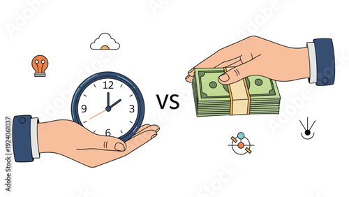 Professional hands comparing the value of time and money using a clock and a stack of cash in a versus concept.