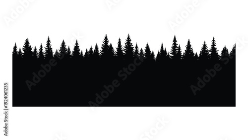 A black silhouette of a forest of pine trees on a white background isolated on white background, Vector