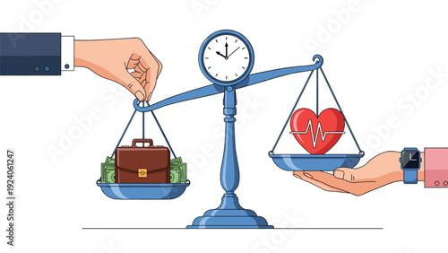Work life balance concept showing balanced scales with a business briefcase on one side and a healthy red heart.