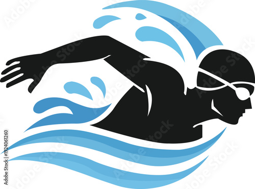  Modern swimmer silhouette in freestyle stroke, side view, wearing swim cap and goggles