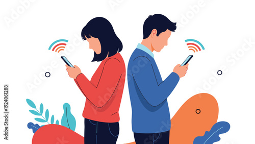 Couple standing back to back while using their smartphones with wifi icons to illustrate digital disconnect.