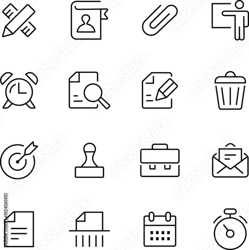 Office Line Icon Set of Business and Productivity Symbols — Documents, Calendar, Mail and Tools