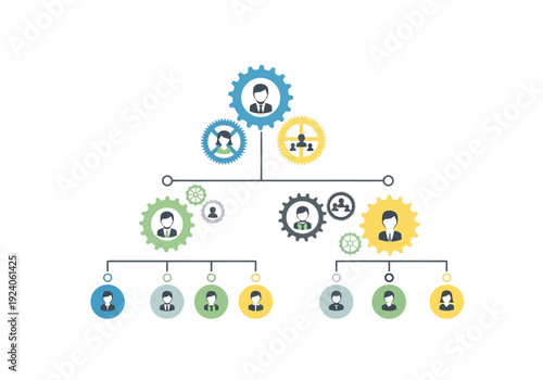 Colorful infographic illustrating teamwork An organizational chart structured with gears and human icons illustrating business hierarchy and team management.
