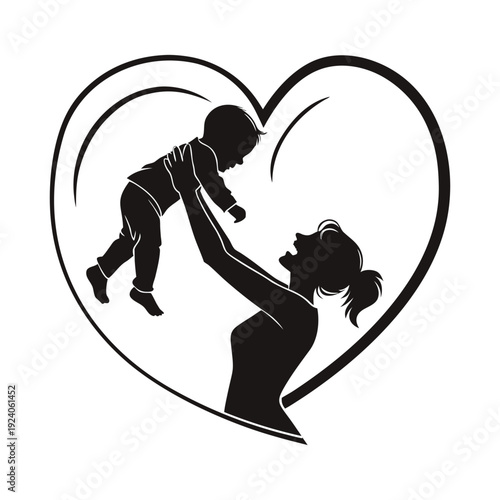 Loving mother and child silhouette enclosed in heart shape symbolizing protection, affection, trust, and motherhood bonding concept