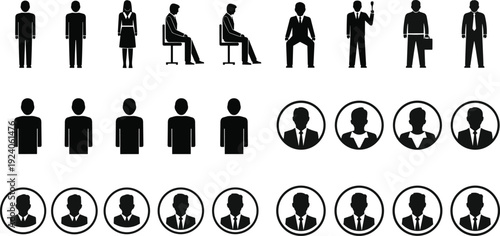 Business people silhouettes icon set isolated on white background featuring office workers, managers, employees, avatars and corporate team profile symbols for organization design