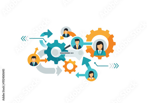 Colorful infographic illustrating teamwork An interconnected system of gears, arrows, and diverse people icons demonstrating a collaborative and iterative process.