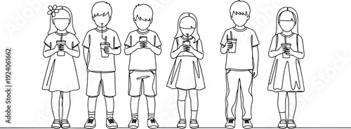 Continuous line art drawing of diverse group of young children and teenagers standing in a row holding smartphones and drinking takeaway soda cups