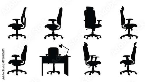 Silhouettes of office chairs and a desk with a lamp isolated on white background, Vector