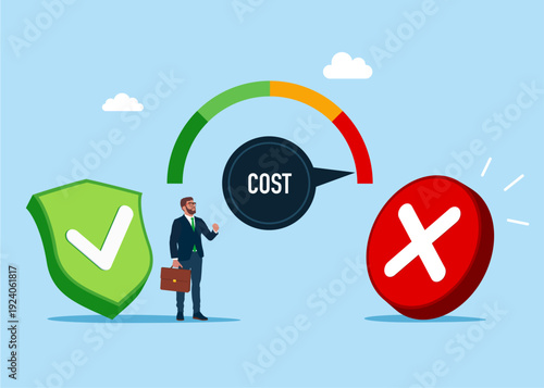 Businessman with indicator on choosing option between yes and no to a question. Flat vector illustration.