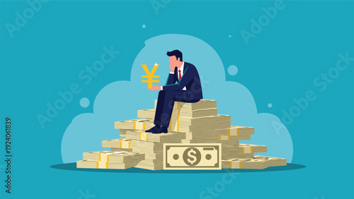 Wealthy but unhappy businessman sitting on a large pile of cash while holding a golden Yen currency symbol.