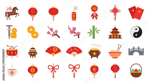 A vibrant collection of Chinese New Year icons and symbols