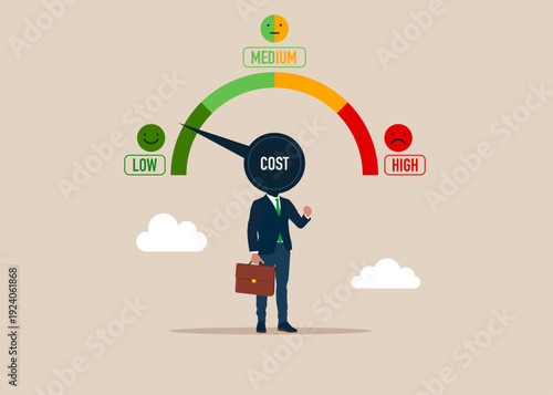 Businessman with indicator instead of a head on shoulders. Level control и business cost optimization,  efficiency and quality. Good or evil businessman