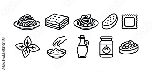 Italian cuisine linear icon set. Pasta, ingredients, italian cooking minimalist collection