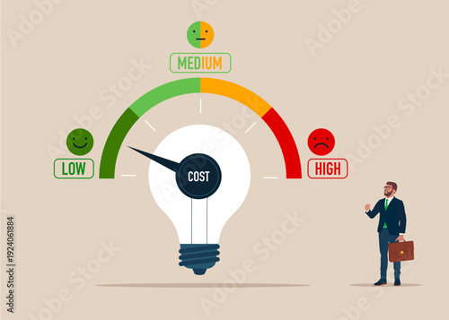 Level control and business idea cost optimization,  efficiency and quality. Business idea to make money or profit. Flat vector illustration