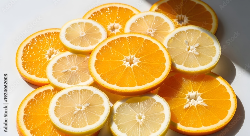 Obraz premium Fresh sliced oranges citrus fruit healthy food close-up white background minimalist