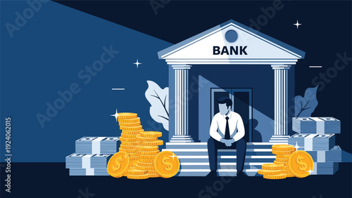 Sad businessman sitting on the steps of a grand bank building surrounded by stacks of cash and gold coins.