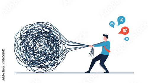Determined man pulling a massive tangled ball of wire representing complex problems and difficult tasks.