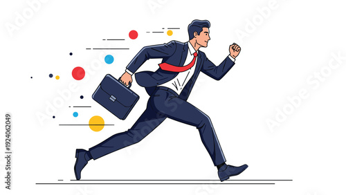Dynamic businessman running at high speed carrying a briefcase with abstract motion trails behind his body.