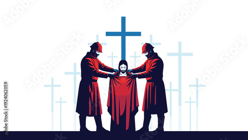 Spiritual religious scene showing two figures in red robes placing a shroud over a man with crosses nearby.