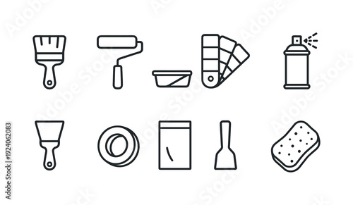 Painting tools, outline icon set. Brushes, rollers, spray, and color swatches collection