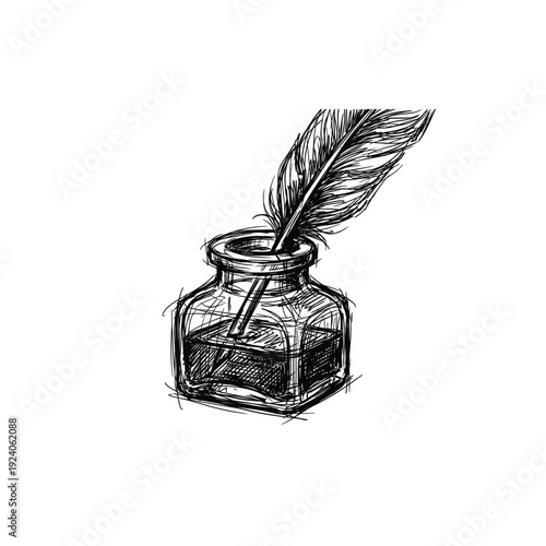 Inkwell and Quill Scribble Line Art