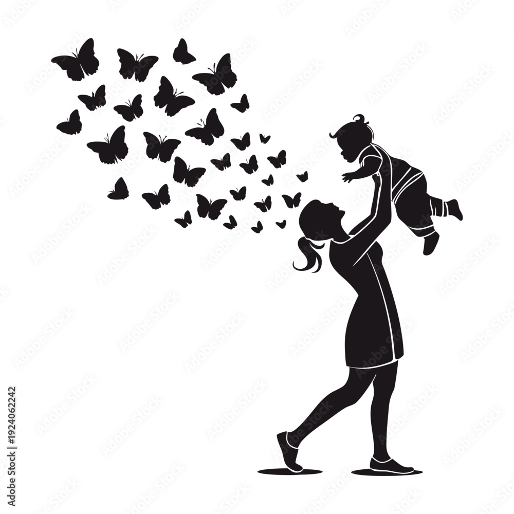 Obraz premium Woman carrying child silhouette with butterflies symbolizing freedom, transformation, gentle care, motherhood love, and emotional growth