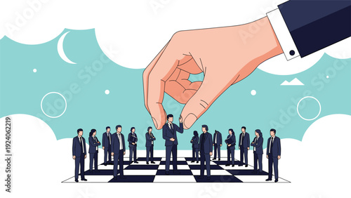 Large hand selecting a specific businessman from a group of professionals standing on a giant chessboard in the sky.