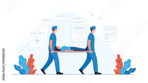 Two medical professionals in blue scrubs and masks carrying a patient on a stretcher in a hospital clinic setting.